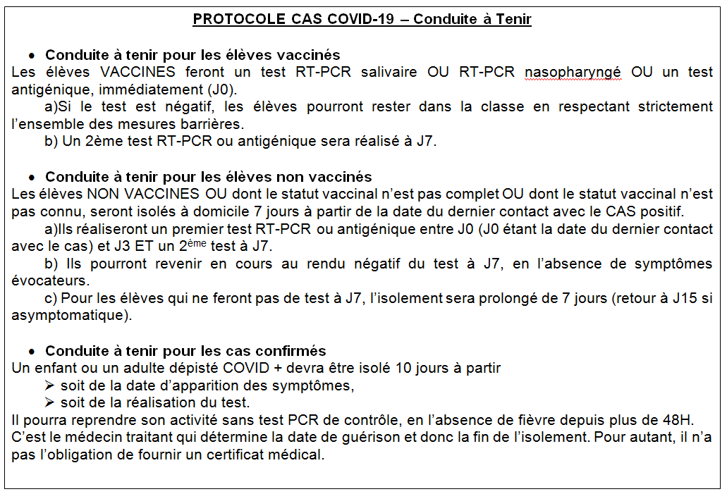 Protocole cas Covid 19 Conduite à Tenir Collège La Chatoire