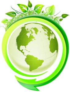 « Illustration d’un globe terrestre entouré d’une grande flèche verte circulaire symbolisant le recyclage, avec des feuilles vertes au-dessus représentant la nature et la durabilité.