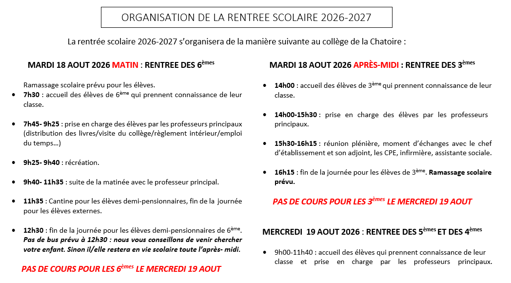 Organisation de la rentrée Août 2026