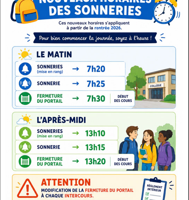 Nouveaux horaires des sonneries pour la rentrée 2026-2027