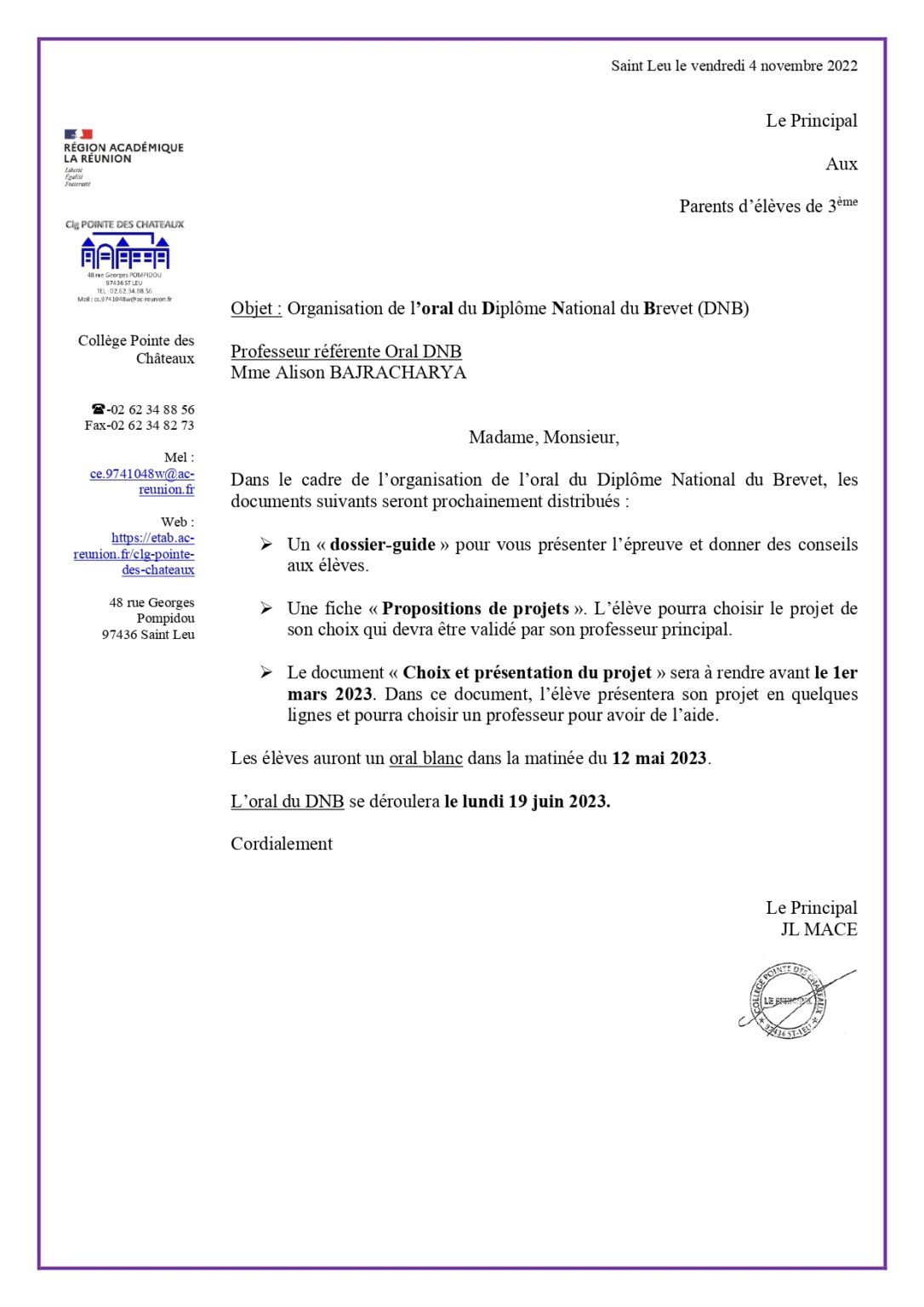 Organisation De Loral Du Dipl Me National Du Brevet Dnb Coll Ge Pointe Des Ch Teaux