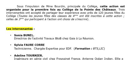 INTERVENTION DE L ASSOCIATION « ELLES BOUGENT POUR L ORIENTATION AU COLLEGE »