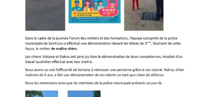 Grand forum des formations et des métiers au collège Pointe des châteaux et démonstration de la brigade cynophile de la police municipale de St leu