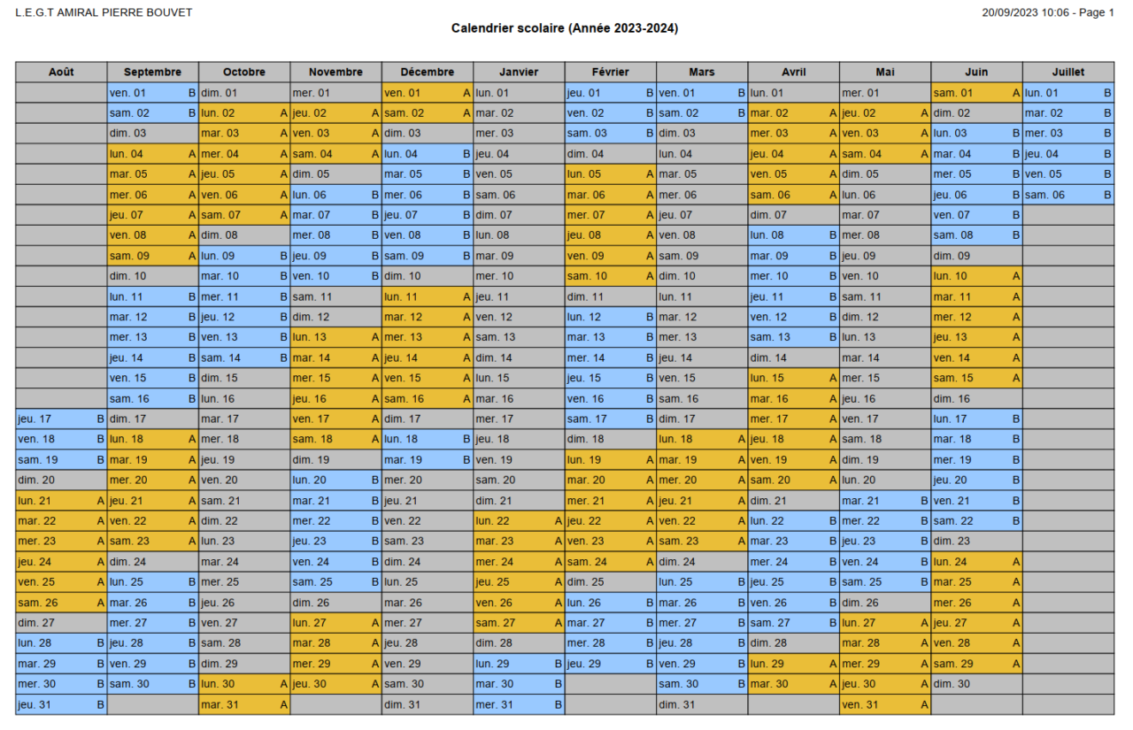 Calendrier Semaines A Et B | Lycée Amiral Bouvet