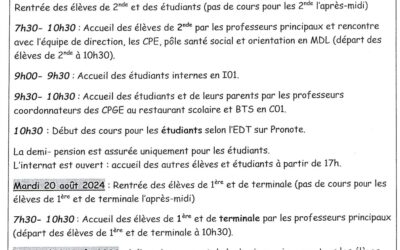 Infos de rentrée des élèves et étudiants