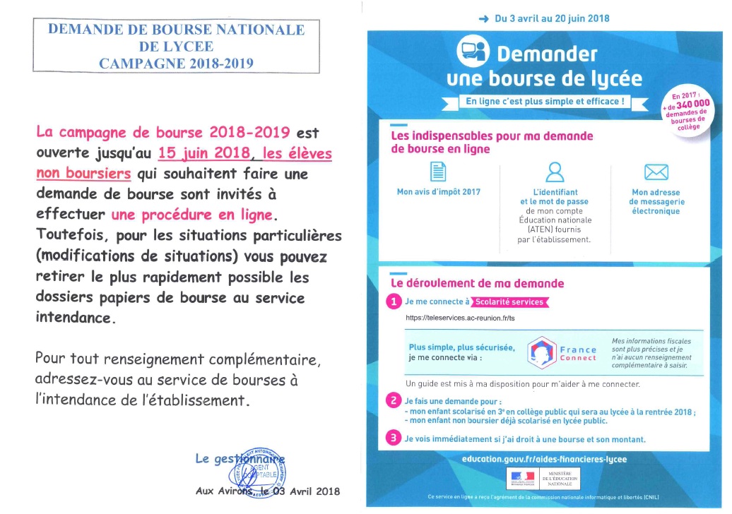 DEMANDE DE BOURSE NATIONALE DE LYCEE – CAMPAGNE 2018-2019 | Lycée ...