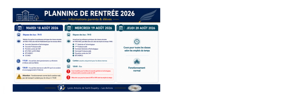 PLANNING DE RENTRÉE 2026