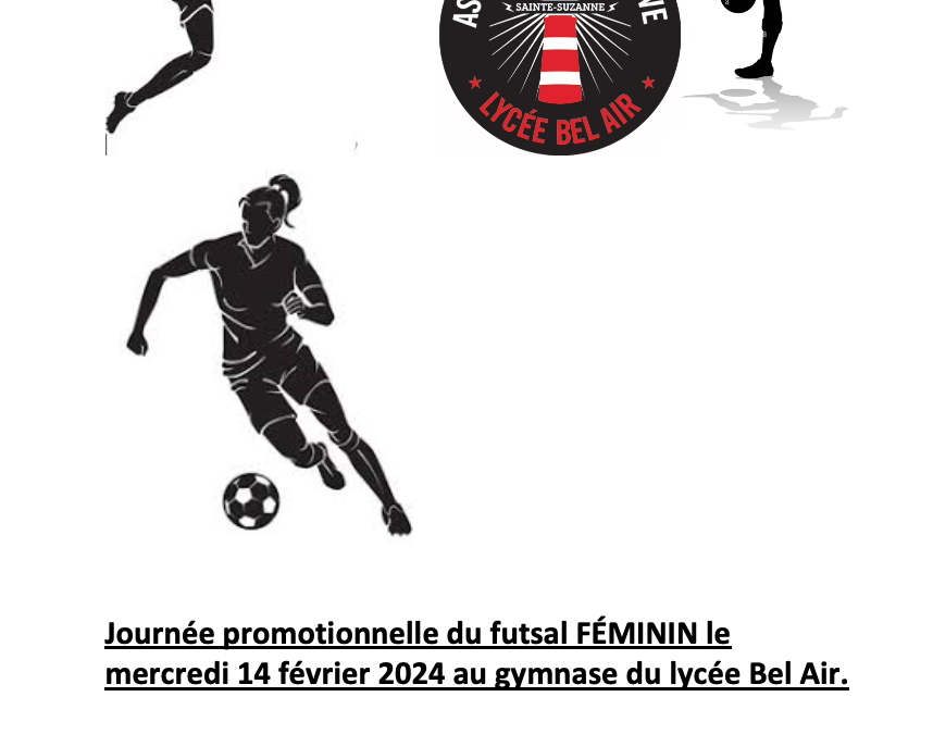 Journée promotionnelle du futsal FÉMININ le mercredi 14 février 2024 au gymnase du lycée Bel Air.