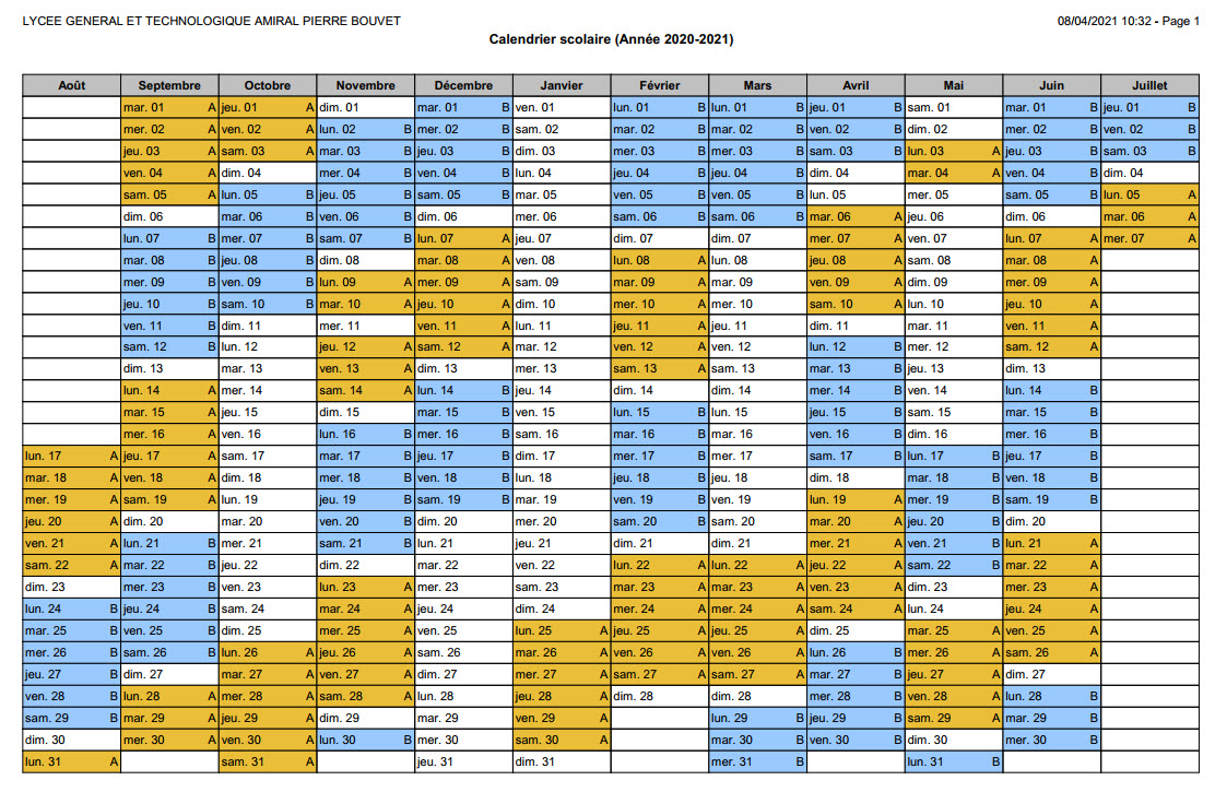 CALENDRIER SEMAINE A ET B