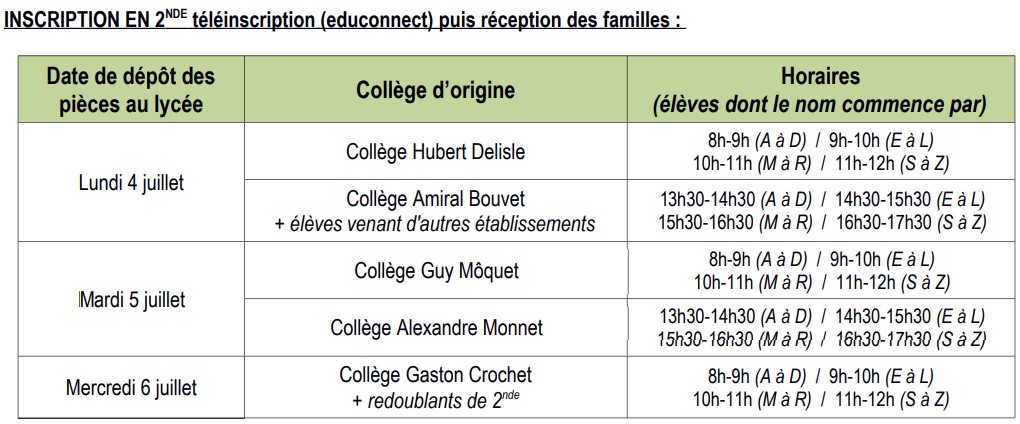 Calendrier des inscriptions en seconde pour 2022-2023
