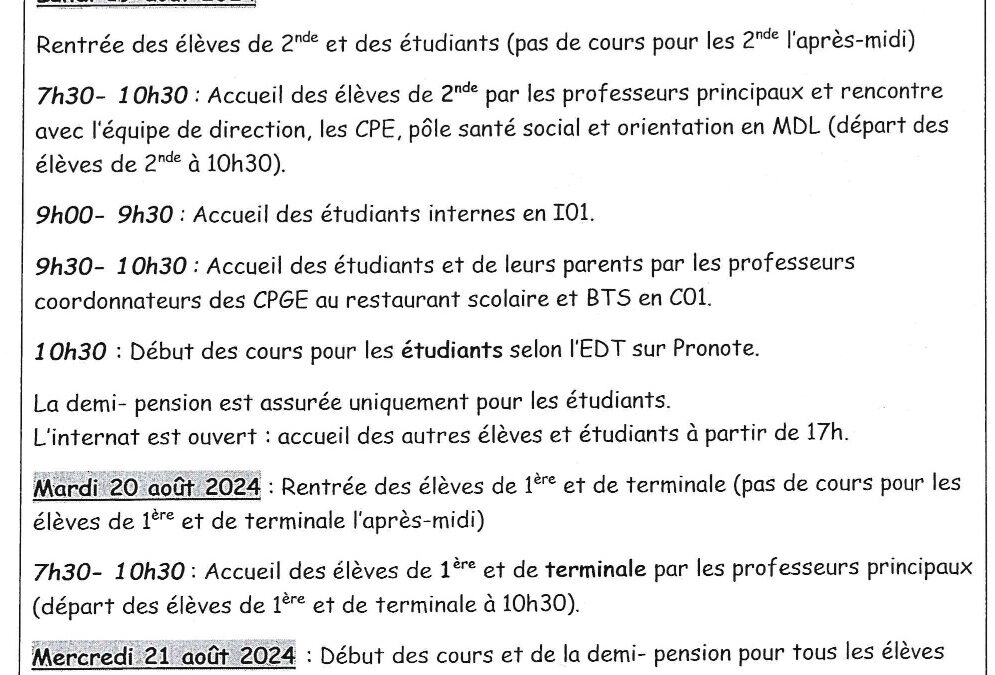 Infos de rentrée des élèves et étudiants