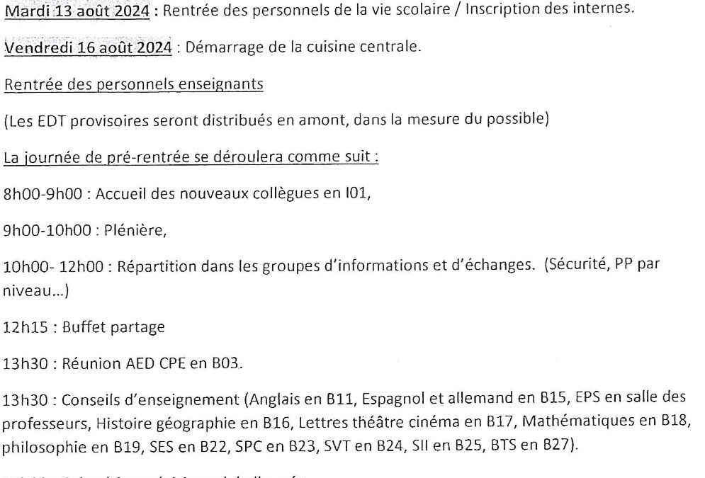 infos de rentrée des personnels