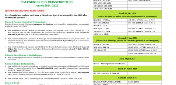 Calendrier des réinscriptions pour la rentrée 2024/2025