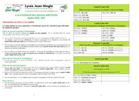 Calendrier des réinscriptions pour la rentrée 2026/2027