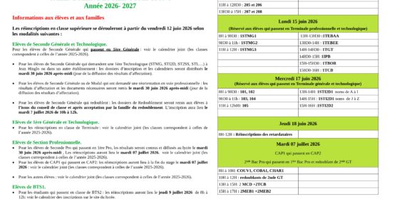 Calendrier des réinscriptions pour la rentrée 2026/2027