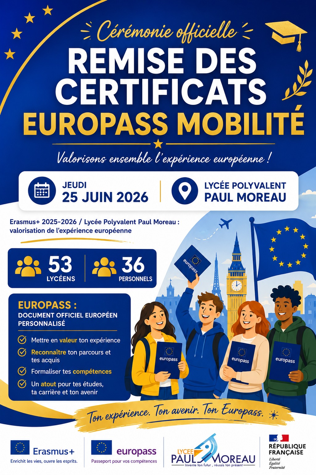 Cérémonie officielle de remise des Europass le 25 juin 2026 au lycée.