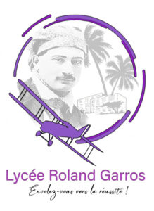 Logo du lycée, le portrait de Roland Garros est entouré par les traces d'un avion