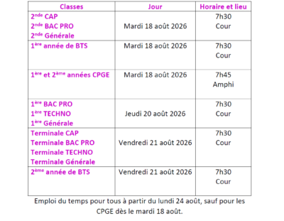 Calendrier de rentrée des élèves et des étudiants