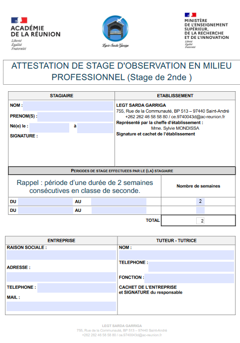 Attestation de stage pour les élèves de classe de seconde