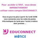 Aux Elèves/Etudiants : Accès à ENT avec codes EDUCONNECT – Nouveauté !