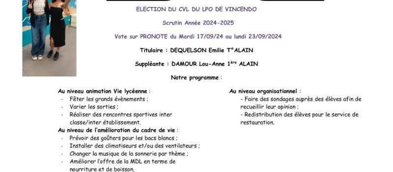 Elections au C.V.L. (Conseil de Vie lycéenne) du 17/09/24 au 23/09/24 sur PRONOTE